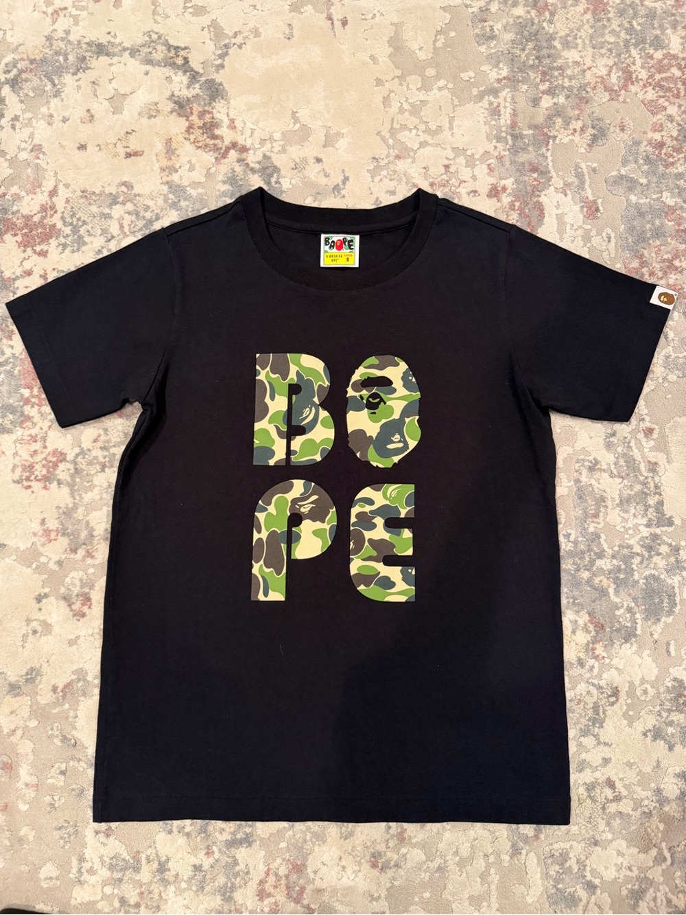 Bape Black Short Sleeve Tee with Green Camo DOPE Graphic